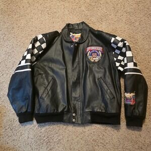 Jeff Hamilton NASCAR 50th Anniversary Leather Jacket Mens Large Black Checkered
